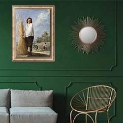 «Лето 11» в интерьере классической гостиной с зеленой стеной над диваном