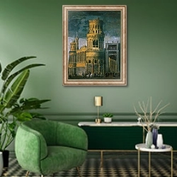 «Architectural fantasy depicting the martyrdom of a female saint» в интерьере гостиной в зеленых тонах