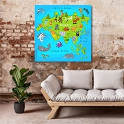«Детская карта Евразии» в интерьере гостиной в стиле лофт над диваном