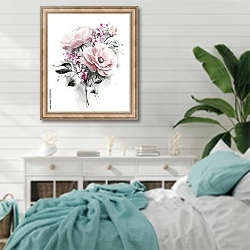 «Розовая роза с серыми листьями» в интерьере спальни в стиле прованс с голубыми деталями