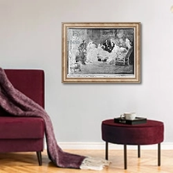 «Alfred de Musset Eugene Delacroix and Pierre Antoine Berryer at a society evening, c.1840» в интерьере гостиной в бордовых тонах