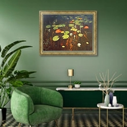 «Water Lilies 1895 1» в интерьере гостиной в бордовых тонах