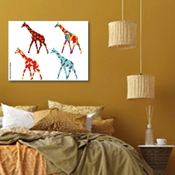 «Жирафы с рисунком ягод и фруктов» в интерьере спальни  в этническом стиле в желтых тонах