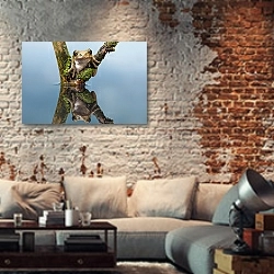 «Древесная лягушка, отражение в воде» в интерьере гостиной в стиле лофт с кирпичной стеной