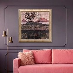 «Заходящее солнце» в интерьере гостиной с розовым диваном