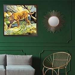 «Who's Who in the Zoo: The King's Pet Cat» в интерьере классической гостиной с зеленой стеной над диваном
