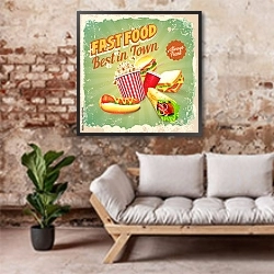 «Ретро плакат с фастфудом» в интерьере гостиной в стиле лофт над диваном