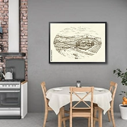 «Эскиз пейзажа с виноградниками и фермой» в интерьере кухни над обеденным столом