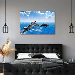 «Стайка дельфинов в море» в интерьере современной спальни с черной кроватью