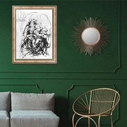 «Study for a Madonna with a Cat, c.1478-80 2» в интерьере классической гостиной с зеленой стеной над диваном