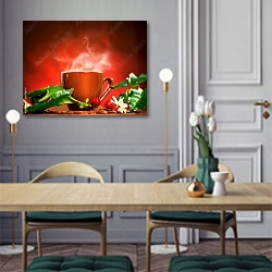 «Чашка дымящегося кофе с настоящими кофейными ягодами и цветами» в интерьере классической кухни у двери