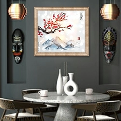 «Горный хребет в тумане и ветка цветущей сакуры» в интерьере в этническом стиле над столом