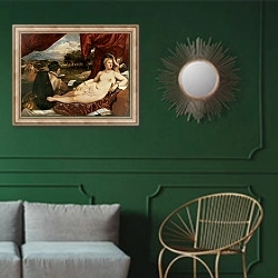 «Venus and Cupid with a Lute Player, 1555-65» в интерьере классической гостиной с зеленой стеной над диваном