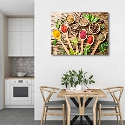 «Ассортимент красочных специй в деревянных ложках» в интерьере кухни в светлых тонах над обеденным столом