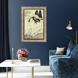 «A Okubi-E portrait of a courtesan representing the Hagi or Noki River» в интерьере в классическом стиле в синих тонах