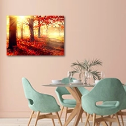 «Осенний лес с ярким солнцем» в интерьере современной столовой в пастельных тонах