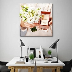 «Невеста с букетом цветов и обручальным кольцом» в интерьере современного офиса над столами работников