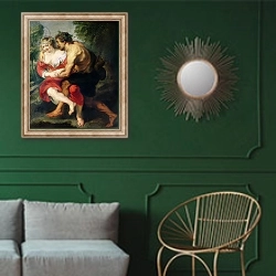 «Scene of Love or, The Gallant Conversation» в интерьере классической гостиной с зеленой стеной над диваном
