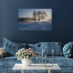«Россия, Брянск, Андреевский луг, зима» в интерьере современной гостиной в синем цвете