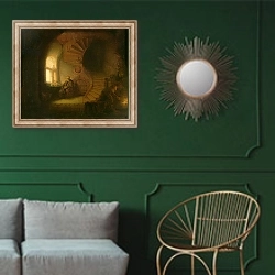 «Philosopher in Meditation, 1632» в интерьере классической гостиной с зеленой стеной над диваном