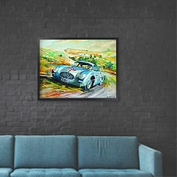 «Автомобили в искусстве 64» в интерьере в стиле лофт с черной кирпичной стеной