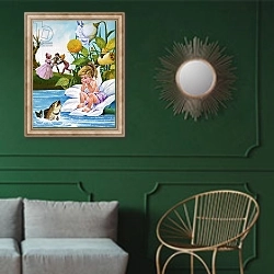 «The Fairy Child» в интерьере классической гостиной с зеленой стеной над диваном