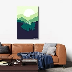 «Пейзаж с лесом и мостом на фоне гор» в интерьере современной гостиной над диваном