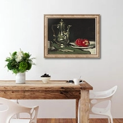 «Натюрморт с серебрянным кофейником» в интерьере кухни с деревянным столом