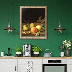 «Fruit Still Life, 1730» в интерьере кухни с зелеными стенами
