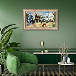 «Люди на улицах Сочи» в интерьере гостиной в зеленых тонах