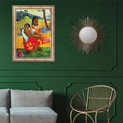 «Nafea Faaipoipo, 1892» в интерьере классической гостиной с зеленой стеной над диваном