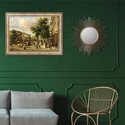 «View of Boulevard Montmartre, Paris, 1830» в интерьере классической гостиной с зеленой стеной над диваном