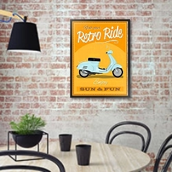 «Ретро плакат, скутер» в интерьере кухни в стиле лофт с кирпичной стеной