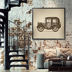 «Старинный автомобиль 7» в интерьере двухярусной гостиной в стиле лофт с кирпичной стеной