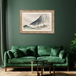 «Seihō jūni Fuji, Pl.08» в интерьере зеленой гостиной над диваном