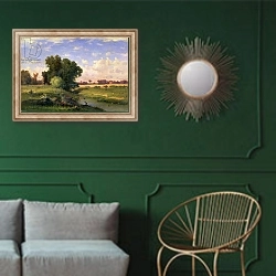 «Hackensack Meadows, Sunset, 1859» в интерьере классической гостиной с зеленой стеной над диваном