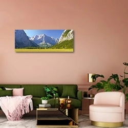 «Германия. Баварский пейзаж #1» в интерьере современной гостиной с розовой стеной