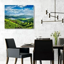 «Чайные плантации и река в горах» в интерьере современной столовой с черными креслами