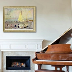 «Seascape with Two Sailboats and Six Bathers» в интерьере классической гостиной над камином