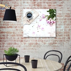 «Кашка кофе и букет роз» в интерьере современной кухни с кирпичной стеной