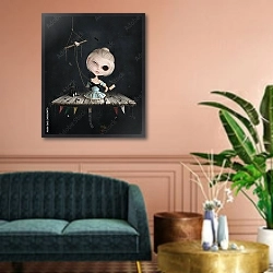 «Сломанная кукла» в интерьере зеленой гостиной над диваном