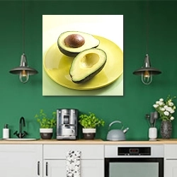 «Авокадо на тарелке» в интерьере кухни с зелеными стенами