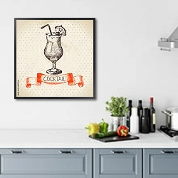 «Иллюстрация с коктейлем пина колада» в интерьере кухни в голубых тонах