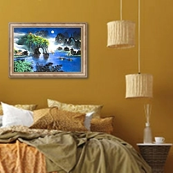«Китайский традиционный пейзаж с озером» в интерьере спальни  в этническом стиле в желтых тонах