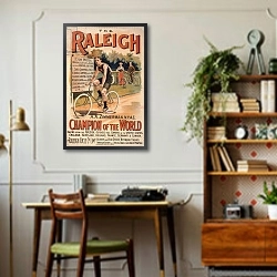 «Poster advertising cycles 'Raleigh' with a portrait of Arthur Augustus Zimmerman, world champion, 1893» в интерьере кабинета в стиле ретро над столом