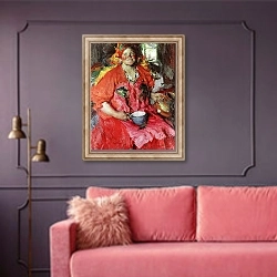«The Girl with a Jug» в интерьере гостиной с розовым диваном