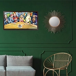 «Tom Thumb Jousting, 1957» в интерьере классической гостиной с зеленой стеной над диваном