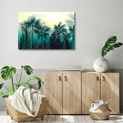 «Джунгли с пальмами и листьями на рассвете» в интерьере современной комнаты над комодом
