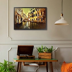 «Венецианский городской пейзаж с каналом» в интерьере комнаты в стиле ретро с проигрывателем виниловых пластинок