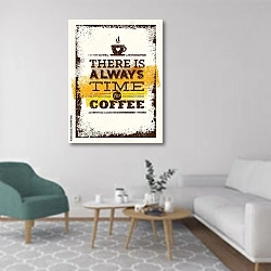 «There Is Always Time For Coffee» в интерьере гостиной в скандинавском стиле с зеленым креслом